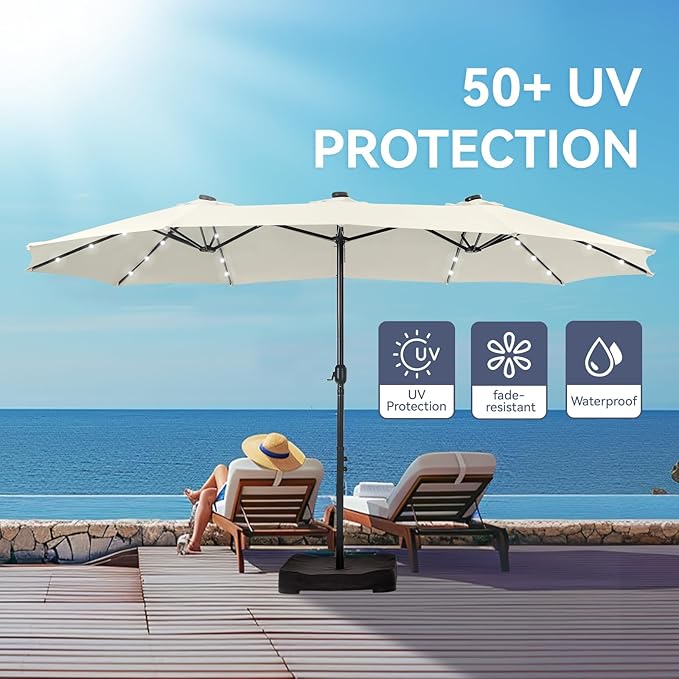 GREEN PARTY 15 ft Large Outdoor Patio Umbrella with Solar Led Lights & Base Included, Double-Sided Rectangular Table Umbrella with Stand, Market Umbrellas for Deck Poolside Garden Backyard, Ivory