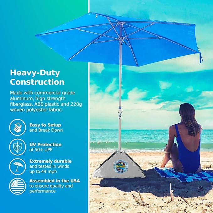 BEACHBUB ALL-IN-ONE BEACH UMBRELLA SYSTEM. Includes ULTRA Base (compliant with the ASTM F3681-24 Beach Umbrella Safety Standard). (Caribbean Blue)