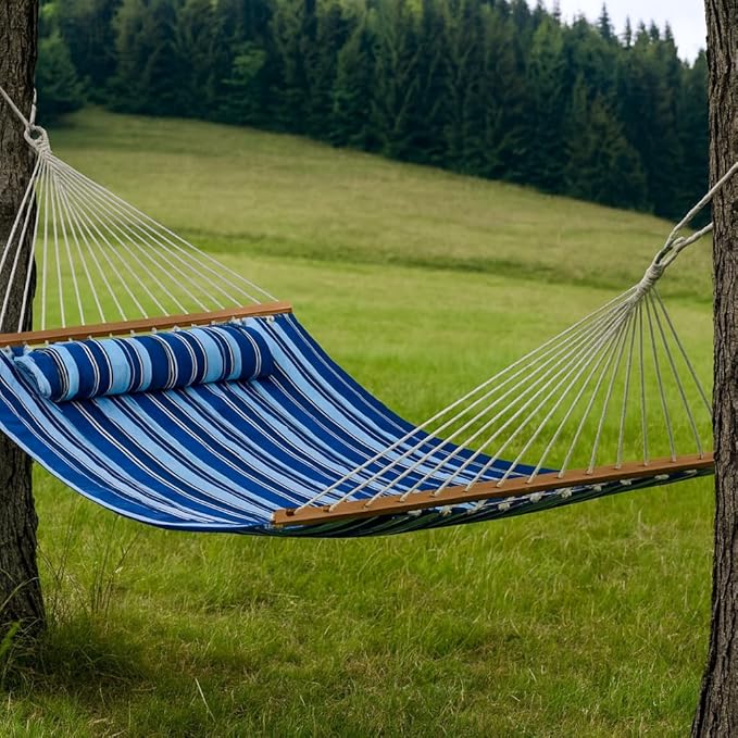 HomeRoots 643964 Striped Double Hammock Light Blue & Dark Blue