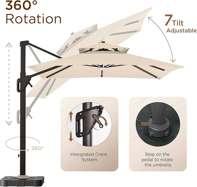 10' X 13' Patio Umbrella with Weighted Base and LED Lights Outdoor Cantilever Large Rectangle Offset Umbrellas Heavy Duty Aluminum Double Top with 360-degree Rotation for Pool Garden Deck, Beige