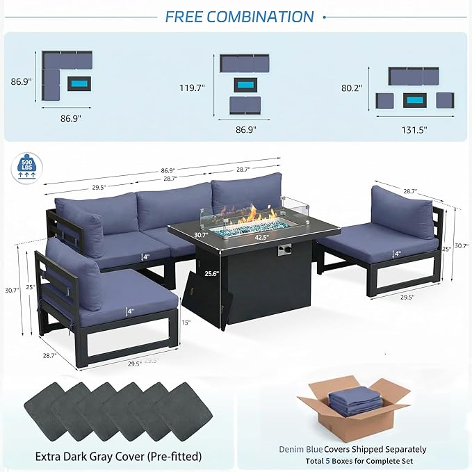 NICESOUL 6 Piece Modular Grey Aluminum Outdoor Patio Furniture Set with Fire Pit Table Propane/Natural Gas, 29" Deep Wide Seated Conversation Sofa, 500 lbs Heavy Duty L Shaped Sectional, Denim Blue