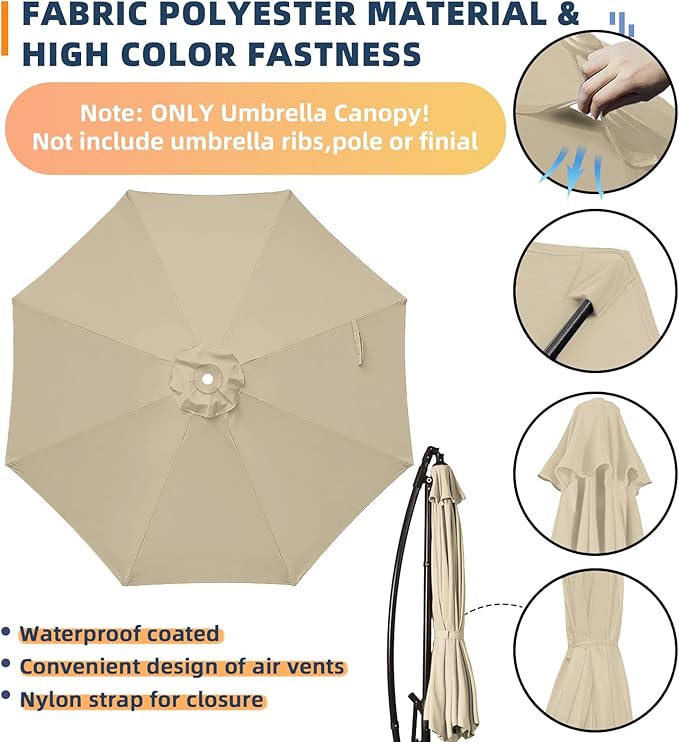 10ft Patio Umbrella Replacement Canopy for 8 ribs, Fits Hanging Offset Cantilever Market Outdoor Patio Shades，Canopy Only