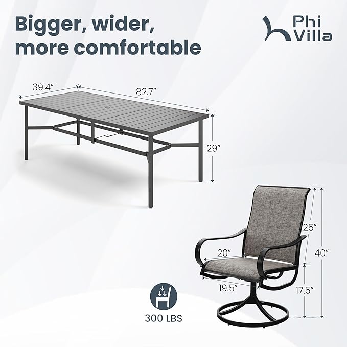 PHI VILLA 9 Piece Patio Table and Chairs Set for 8 Person, 82'' Rectangle Metal Slat Table and 8 Swivel Patio Chairs, All Weather Outdoor Dining Set for Deck Garden Yard (Brown)