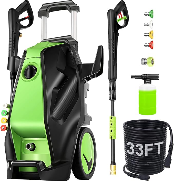 5000 PSI Electric Pressure Washer with 33FT Hose Power Washers Powered Professional High Pressure Cleaner Machine, Foam Cannon, 4 Tips, powerwashers for Home Cars, Green