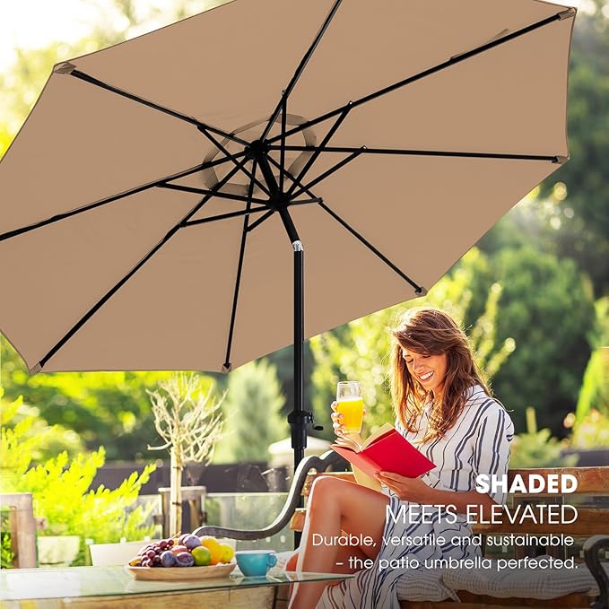 wikiwiki 10FT Patio Umbrella with Base, Outdoor Umbrellas with Base Included, 8 Sturdy Ribs, Waterproof Fade Resistant POLYESTER DTY Canopy for Deck, Lawn, Garden, Backyard & Pool, Tan