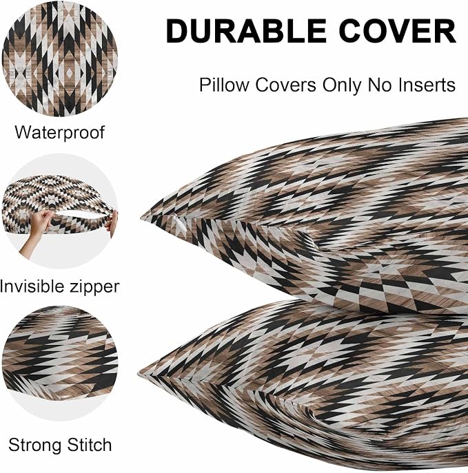 Brown Black Outdoor Pillow Cover 16x16 Inch Cushion Sham Case, Waterproof Decorative Square Throw Pillowcase for Outside Garden Patio Porch Couch Chair Tent Moroccan Southwestern Aztec Abstract Boho
