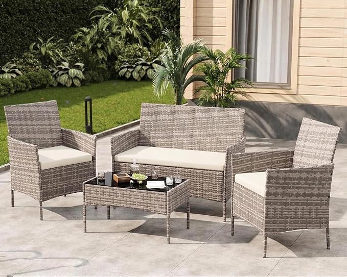 4-Piece Outdoor Furniture Set, PE Rattan Wicker Chairs with Soft Cushions & Tempered Glass Coffee Table - All-Weather Patio Set for Garden, Backyard, Porch, Poolside (Grey/Beige)