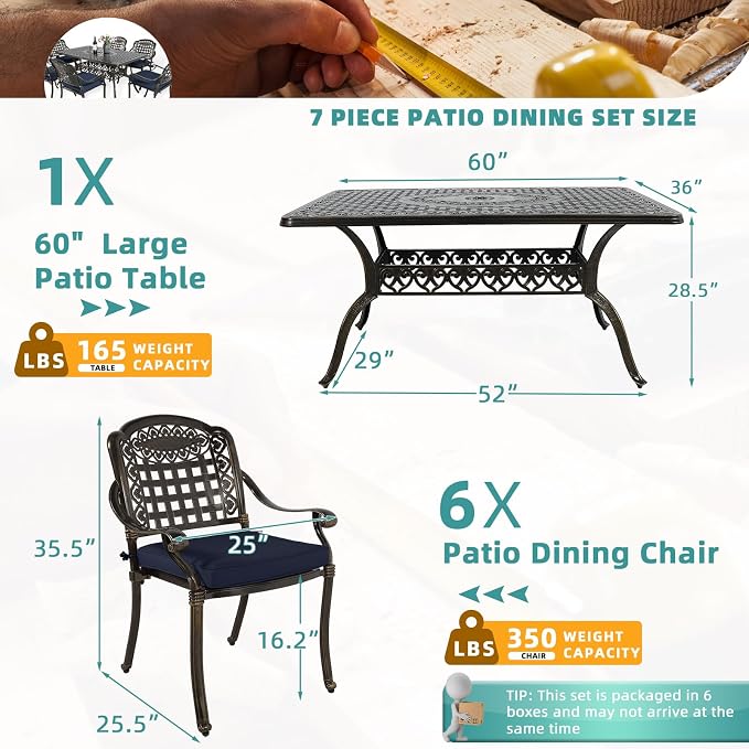 MEETWARM 7-Piece Outdoor Furniture Dining Set, All Weather Cast Aluminum Patio Garden Set with 6 Chairs, 6 Cushions, 1 Rectangular Table, 2" Umbrella Hole, Dark Bronze, Navy Blue