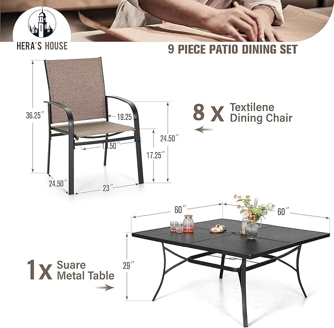 HERA'S HOUSE 9 Pieces Patio Dining Set, Outdoor Table and Chairs Set for 8, 8 x Brown Textilene Dining Chair and 60" Square Metal Dining Table, Outdoor Dining Sets for Lawn Garden Backyard Deck