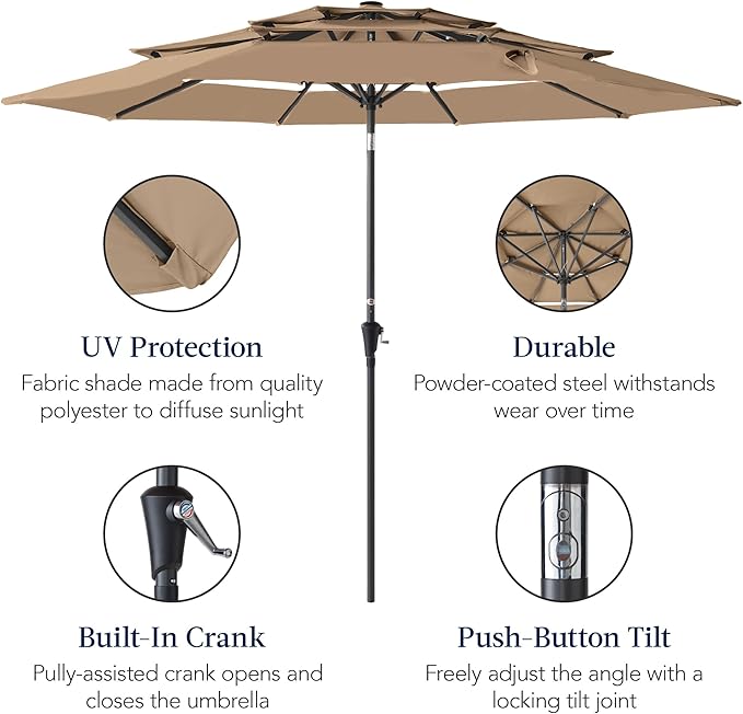 Best Choice Products 10ft 3-Tier Market Patio Umbrella, Outdoor Sun Shade with Tilt, Crank Lift, 8 Ribs for Backyard, Deck, Poolside