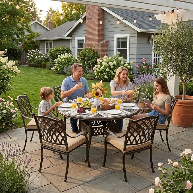 7-Pcs Cast Aluminum Patio Dining Set for 6, 54" Round Table,Bronze | Outdoor Furniture Set Include Dining Table and 6 Stackable Chairs with Cushions & Umbrella Hole