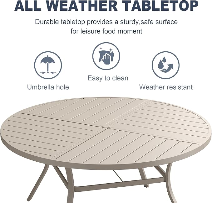 VICLLAX Patio 7 Pieces Outdoor Dining Set, 50" Round Metal Table with Umbrella Hole and 6 Swivel Textilene Chairs for Lawn, Garden, Porch, Sandshell