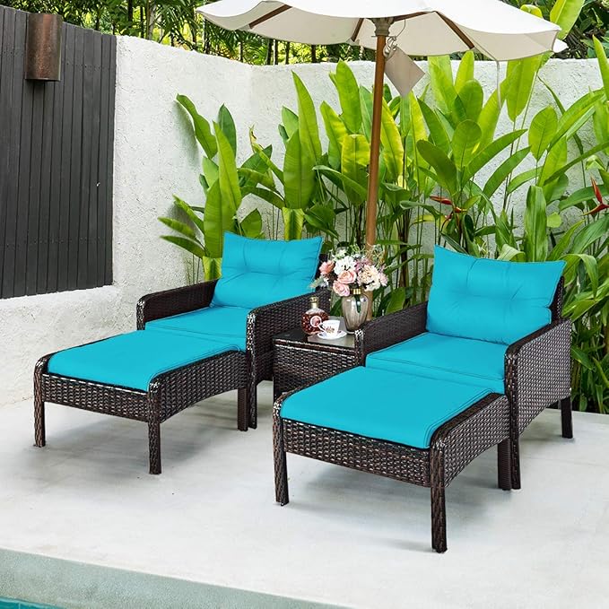 Tangkula 5 Pieces Wicker Patio Furniture Set, PE Rattan Outdoor All Weather Cushioned Sofas and Ottoman Set, 2-Person Outside Conversation Set for Lawn, Poolside, Yard, Balcony, Deck (Turquoise)