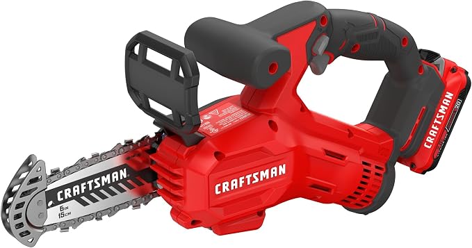 CRAFTSMAN V20 Mini Cordless Chainsaw, Pruning Saw, 6" Chain, Small Handheld Chainsaw, 2Ah Battery and Charger Included, Tree Trimming and Pruning, Compact and Lightweight (CMCCS320D1)