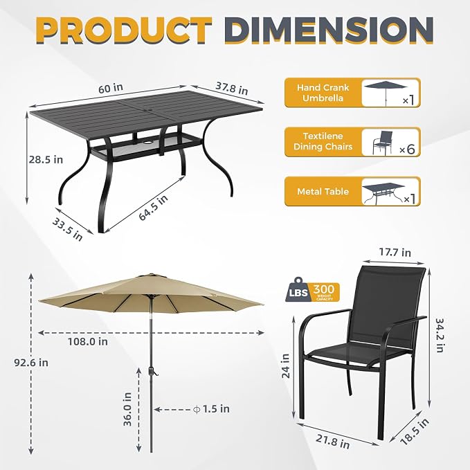 7-Piece Patio Dining Set with Umbrella,6 Person Outdoor Table and Chairs Set, 6 Metal Dining Chairs and Rectangular Outdoor Table with 1.57" Umbrella Hole,Black