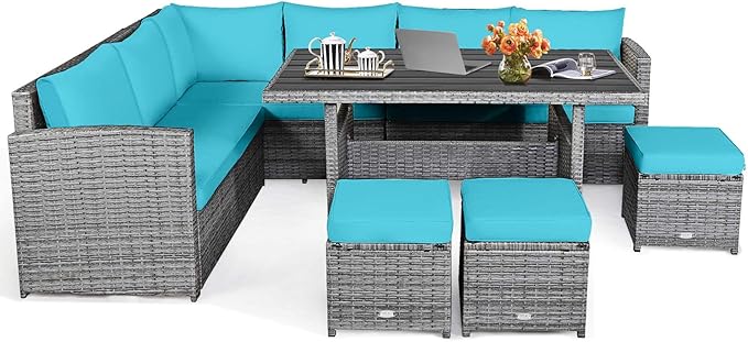 HAPPYGRILL 7 Pieces Rattan Wicker Patio Conversation Set, Outdoor Patio Furniture Set with Cushions, Rattan Sofa Set with Dining Table & Ottomans for Poolside Backyard Balcony Garden (Turquoise)