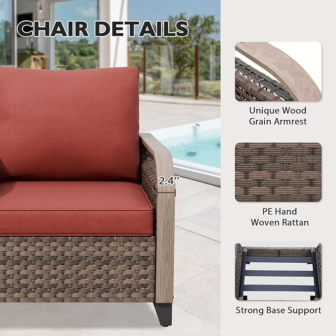 EAGLE PEAK Modern Wicker Outdoor Patio Furniture Set, Patio Conversation Set, a 2-Seat Loveseat and 2 Ottomans, 3 Pieces, Brown/Red
