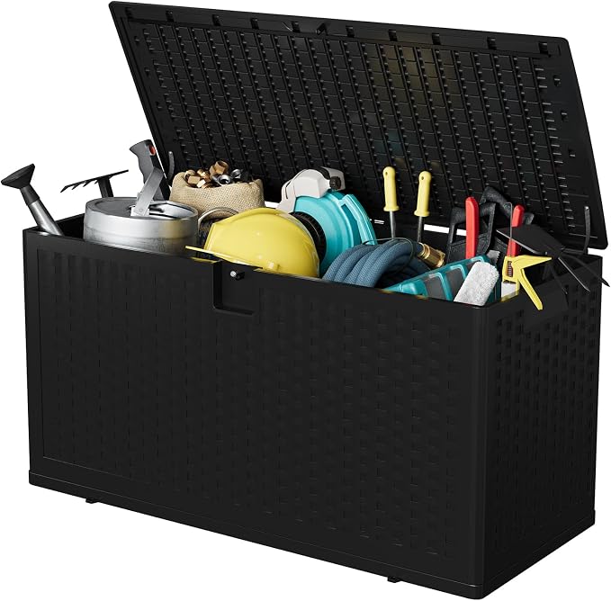 Patikuin Spacious 73 Gallon Outdoor Storage Deck Box – Waterproof, Lockable Resin Bench Organizer – Imitation Rattan for Patio Cushions, Garden, Pool, Package Delivery – Color: Black - 1 – Specs: