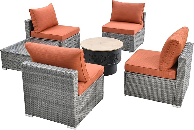 HOOOWOOO 6-Piece Outdoor Wicker Patio Furniture Set, All-Weather Rattan Sectional Sofa Chairs with Fire Pit and Side Table, Modern Garden Conversation Set for Patio, Porch, and Backyard (Orange Red)