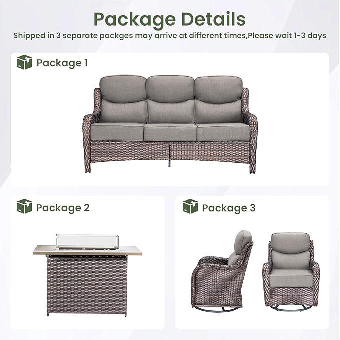 Luxury Patio Furniture Set with 6-inch Thick Cushion, Outdoor Furniture with Fire Pit Table, Swivel Chairs, Sofa, 4pcs Wicker Conversation Set for Deck Yard and Poolside(Grey)