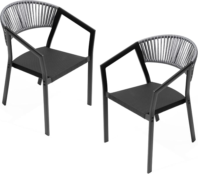 Patio Dining Chairs Set of 2 Aluminum Stackable Outdoor Chairs | Wicker Barrel Backrest Armchairs for Patio, Deck, Backyard, Grey