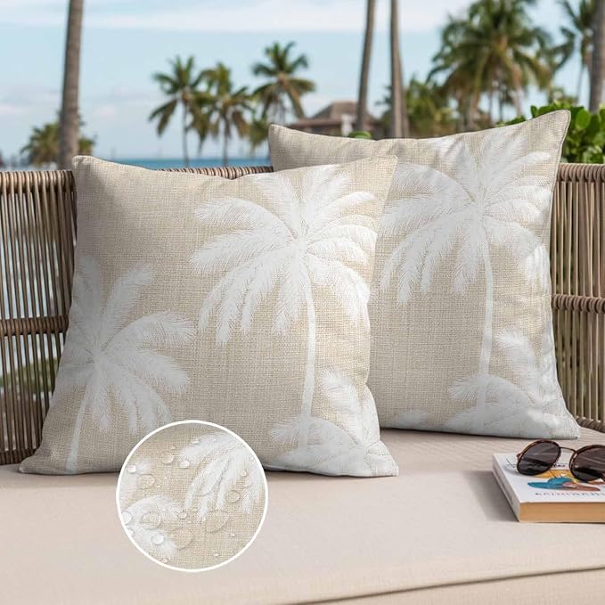 Outdoor Pillow Covers 24x24 Inch Set of 2, Beige Palm Trees Waterproof Throw Pillow Covers, Farmhouse Tropical Summer Beach Decorative Cushion Pillowcases for Couch, Sofa, Bed, Garden, Patio