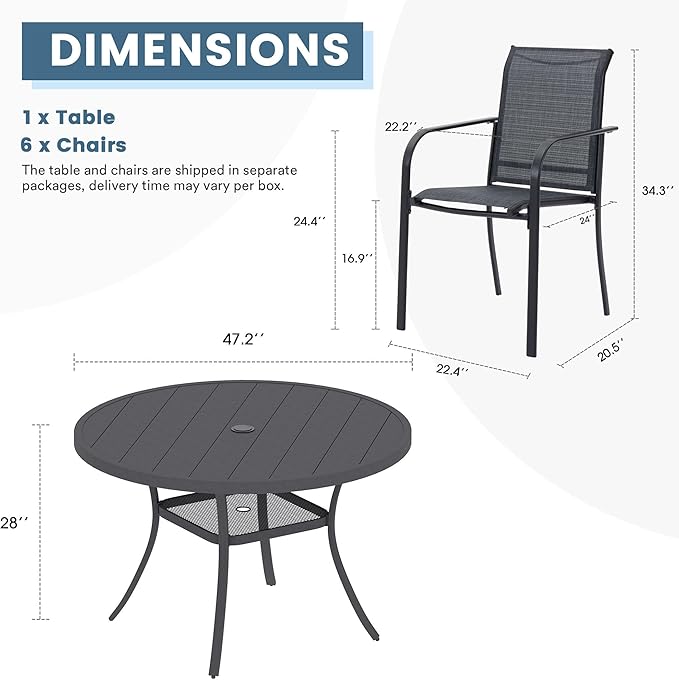 DIFY 7 Pieces Outdoor Patio Dining Set for 6, 47.2" Round Metal Dining Table and 6 Stackable Textilene Patio Chairs, Outdoor Table and Chairs for Backyard Garden Poolside, Grey