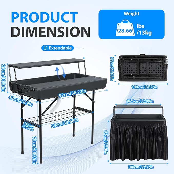 Nice C 4 ft Folding Ice Cooler Table, Party Cooler, Grazing Table with Drain, Bar Cooler Tables, with Matching Skirt, Storage Shelf (Black)