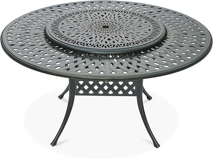 VIVIJASON Outdoor 61" Patio Dining Table for 6-8 Person, Large Patio Round Dining Table with 35.4" Lazy Susan, Dark Bronze Cast Aluminum Rustic Patio Table W/Umbrella Hole for Balcony, Porch and Deck