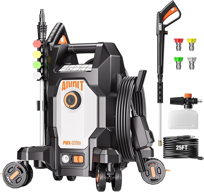 AIVOLT Pressure Washer 2026 NEW with Anti-Tipping 4-Wheel Design, 4 Nozzles and Foam Cannon, Power Cleaner for Car, House, Patio, Driveway