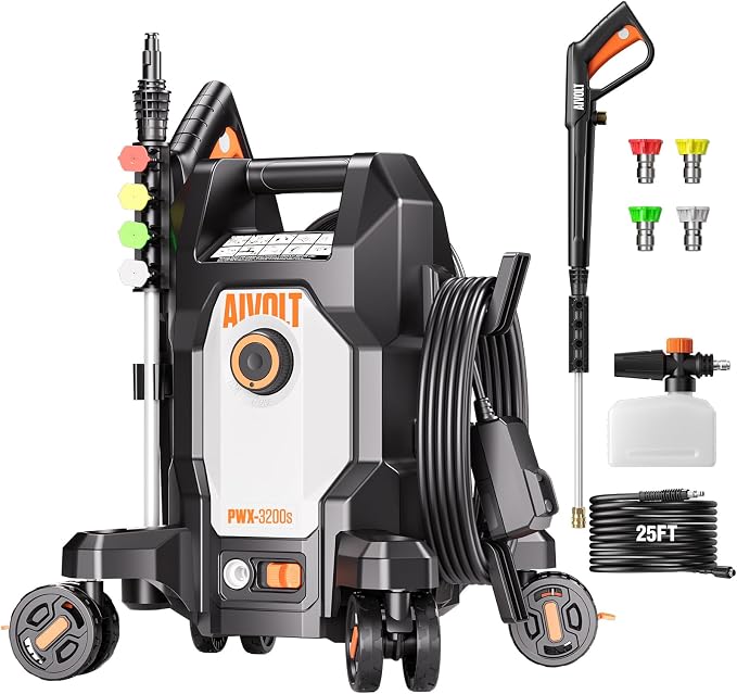AIVOLT Electric Pressure Washer 4800PSI with Anti-Tipping 4-Wheel Design, 4 Quick Connect Nozzles, Foam Cannon for Cars/Fences/Driveways/Patios/Home Cleaning