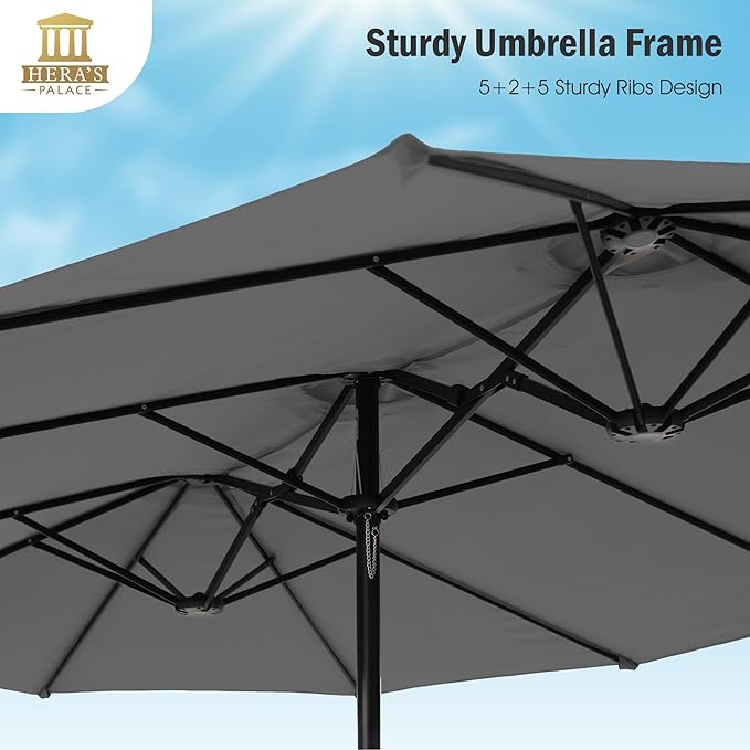HERA'S PALACE Umbrella Patio Outdoor with Base 15ft Rectangle Table Double Market Heavy Duty Umbrellas Clearance Large Included Stand for Deck Outside Pool Picnic Inground Yard Commercial, Gray