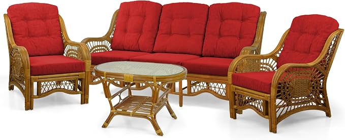 Malibu Lounge Set of 4: 2 Natural Rattan Wicker Chairs, Three-Seater Sofa with Cushions and Coffee Table with Glass Handmade, Colonial Color