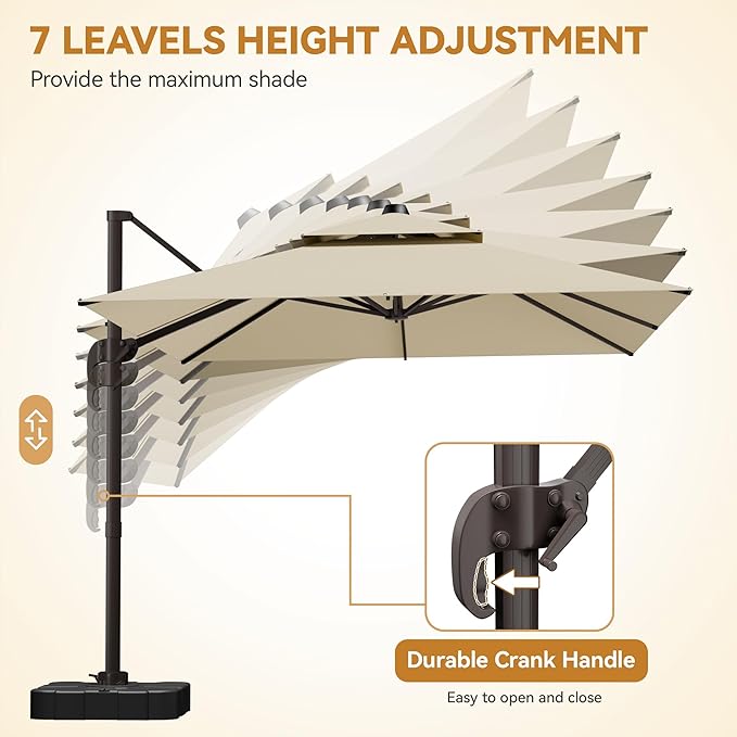 GENTEACO 9x12FT Cantilever Patio Umbrella, Double Top Rectangle Offset Umbrella 7 Angle Tilts & 360° Rotation, Large Heavy Duty Outdoor Sun Umbrella for Pool Market, Beige