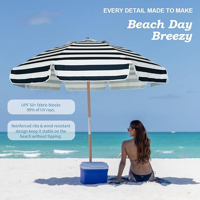 AMMSUN 7.5ft Heavy Duty HIGH Wind Beach Umbrella Commercial Grade Patio Beach Umbrella with Air Vent Ash Wood Pole & Carry Bag UPF50+ Protection Navy Stripe