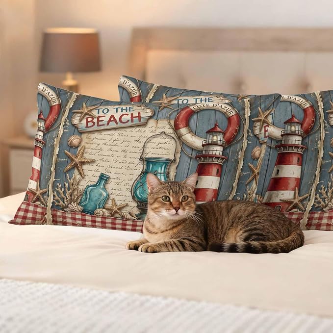 Outdoor Pillow Covers Set of 2, Vintage Nautical Lighthouse on Wooden Decorative Throw Pillow Covers 20X12IN, to The Beach Quote Throw Pillows Protector Cushion Case for Patio,Couch,Sofa,Garden