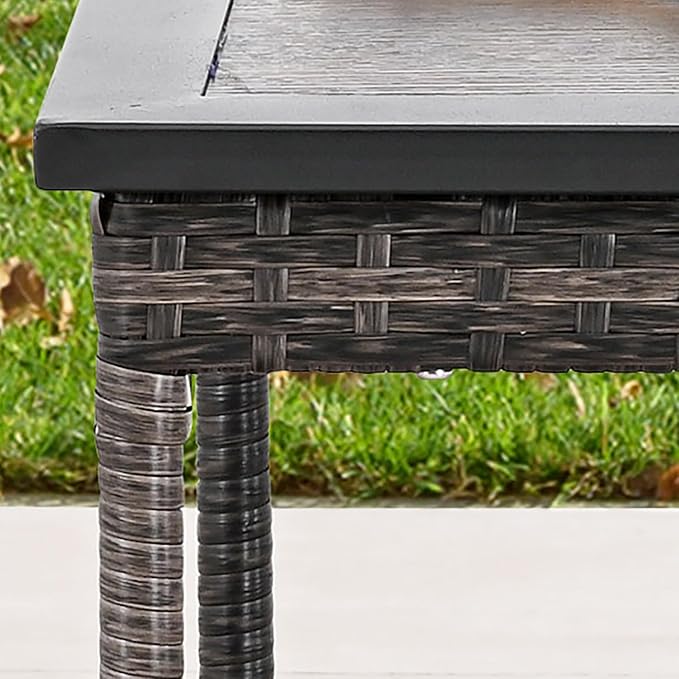 Outdoor Square Coffee Table Metal Wicker Patio Table with Wood Grain Tabletop Steel Frame
