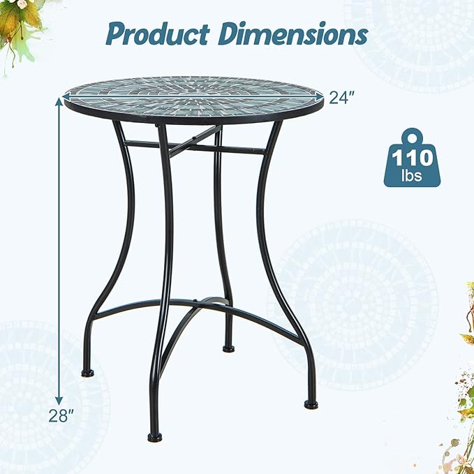 Giantex 24 Inch Patio Bistro Table, Mosaic Round Table w/Ceramic Tile Tabletop, Heavy-Duty Metal Structure, Outdoor Dining Table for Backyard, Garden, Porch (Blue & Black (Sun Pattern))