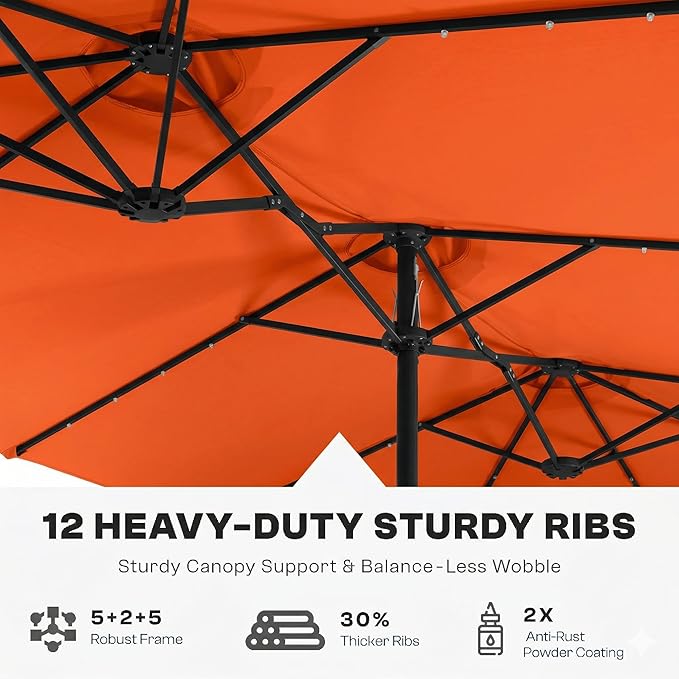 15FT Large Outdoor Patio Umbrella with Solar Lights and Base, Double-Sided Table Umbrellas with 48 LED Lights, Rectangle Market Umbrella for Pool, Deck, Backyard