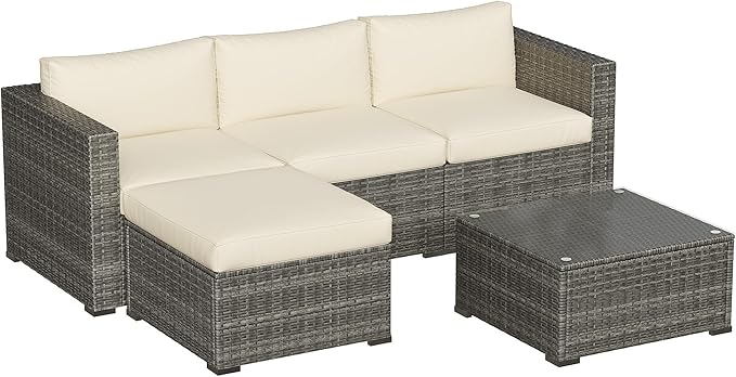 Fansafun Outdoor Patio Furniture Set, 5 Piece Patio Conversation Set, Waterproof Wicker Patio Furniture Set, All Weather Combination Patio Conversation Sets with Cushions and Glass Table, Beige