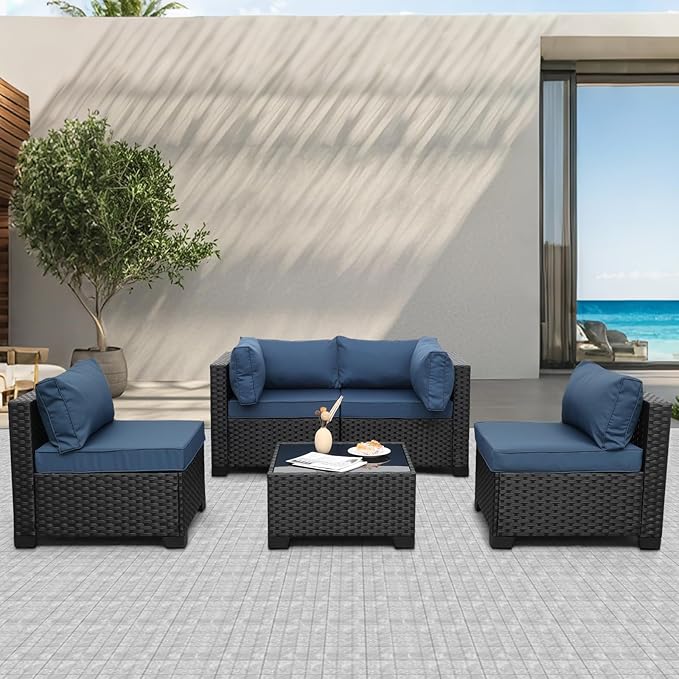 WAROOM Outdoor 5 Piece Patio Furniture Set, Black Rattan Conversation Couch Resin Wicker Sectional Sofa Outside Chair with Coffee Table, Navy Blue Cushion