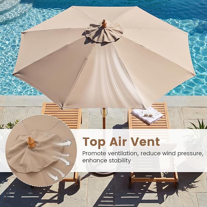 HAPPYGRILL 9 FT Patio Umbrella, Outdoor Table Market Umbrella with 8 Sturdy Bamboo Ribs, Wood Pole, Sun-Protective Double-Tier Canopy, Air Vent, Sunshade Parasol for Garden Deck Backyard Pool (Tan)