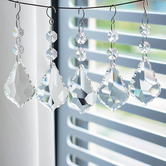 20PCS Clear Crystal Suncatcher Prisms, 63mm Chandelier Replacement Pendants | Maple Leaf Chandelier Prisms Connected Glass Octagon Beads for Lamp, Windows Wedding Party Christmas Tree Home Decor Gifts