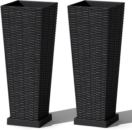 Greesum Set of 2 Tall Plastic Planters with Saucer, 24 Inch Large Pots with Drainage Trays, Weather-Resistant Plastic Plant Containers for Patio, Porch, Garden,Black