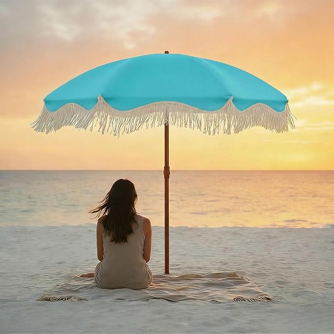 7ft Patio Umbrella with Fringe, Boho Beach Umbrellas, Outdoor Tassels Umbrellas with Push Button Tilt & Carrying Bag, 8 Windproof Fiberglass Ribs, UPF50+