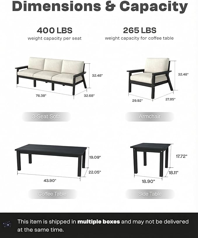 Patio Furniture Set 8 Seats, 4-Seater and 2-Seater Outdoor Sofas with Beige Washable Thick Cushions, Patio Conversation Sets for Lawn, Garden, Porch, Balcony, Deck (Black Frame)