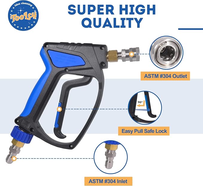 TOOLCY Short Pressure Washer Gun with Swivel, 3/8" QC Inlet and Stainless 1/4" Quick Connector, 5000 PSI, 10.5 GPM, Stubby High Pressure Gun, Solid Brass M22 14mm & 15mm Fitting and 5 Nozzle Tips