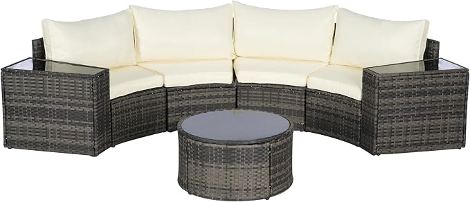 KEIKI 7-Piece Half-Moon Outdoor Patio Furniture Set, Rattan Patio Conversation Set with Coffee Table & 2 Sofa Side Table & 4 Curved Armless Sofa, Wicker Curved Sectional Sofa Set, for Backyard, Beige
