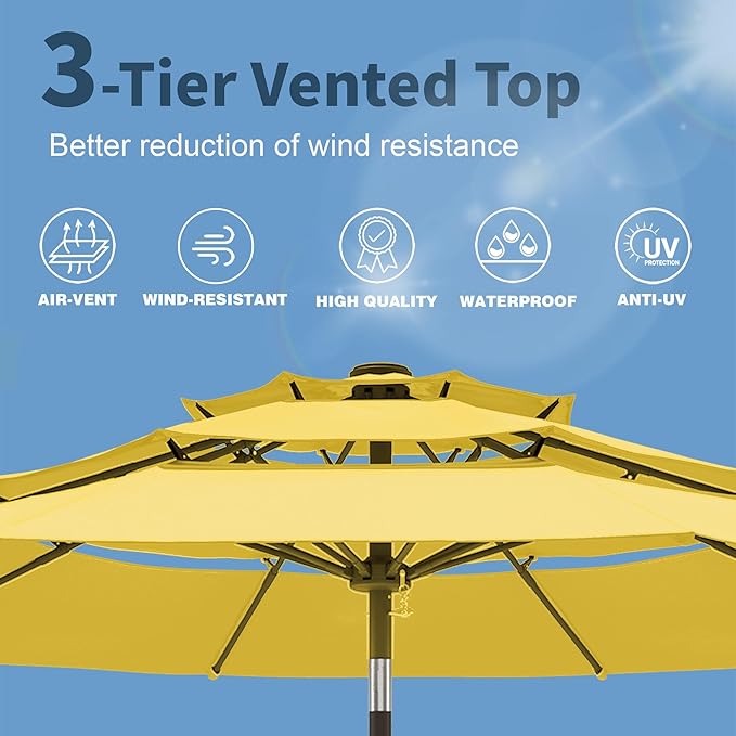 PatioKingdom 9ft 3-Tier Patio Market Umbrella with Crank/Tilt, Commercial Heavy Duty Wind Proof,Outdoor Table Umbrella with 8 Fiberglass Ribs,UPF50+ for Deck,Pool,Garden,Backyard (Yellow)