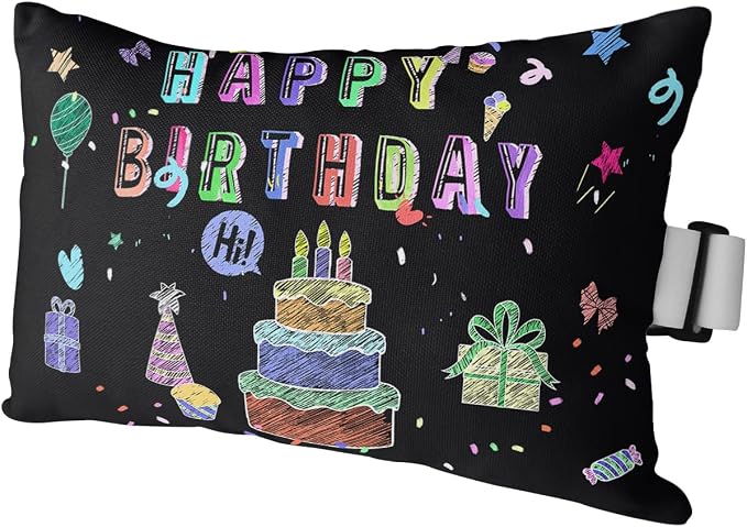 Outdoor Pillows Covers with Inserts Happy Birthday Cake Firwoks Black Waterproof Recliner Pillow with Adjustable Strap Throw Pillows for Patio Furniture Pool Lounge Chair, 11x16 inch, 1PCS